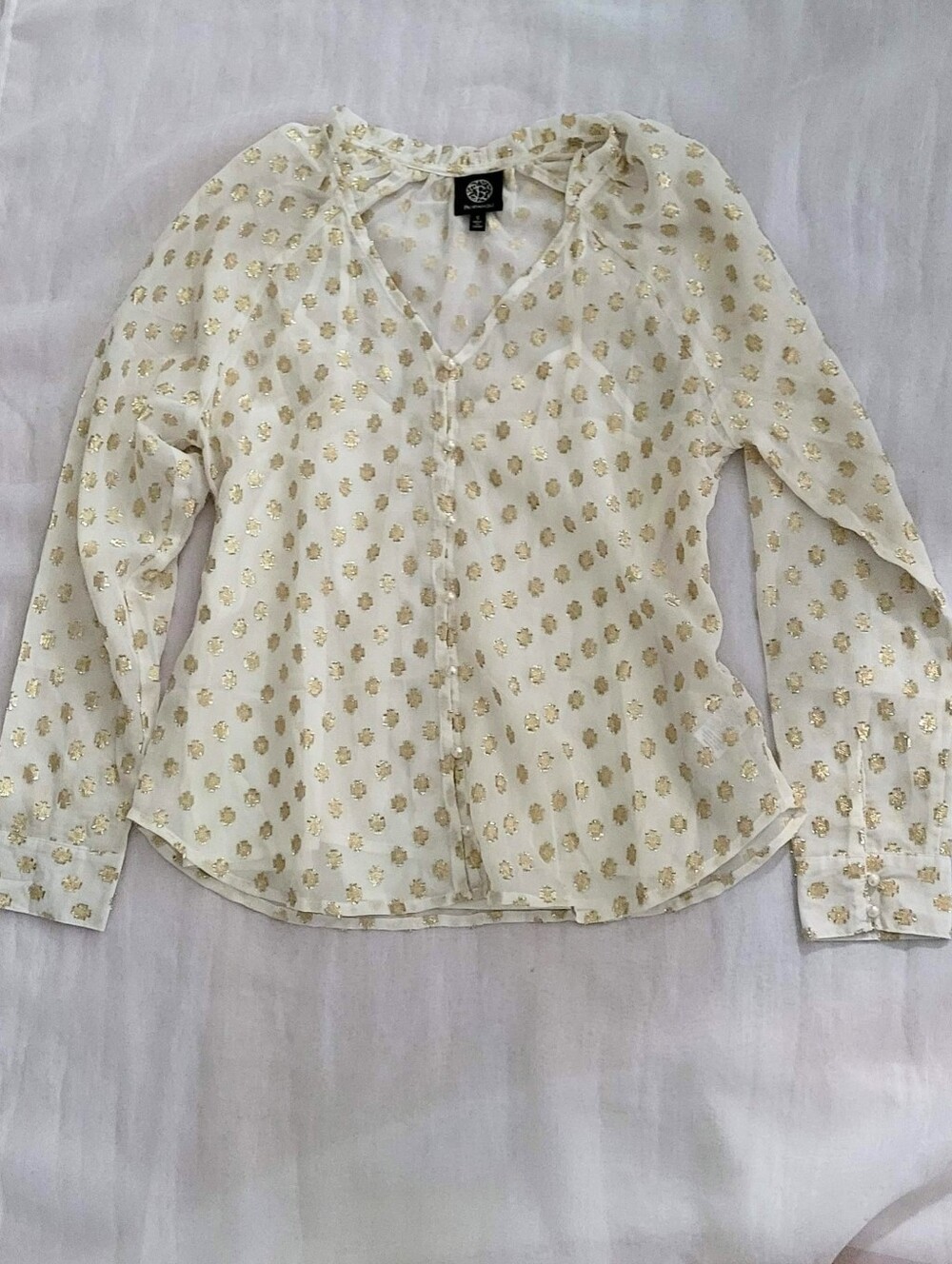NWOT! Polka Dot Fall Top Gold Foil Pearl Embellished Women's Sheer Blouse Small - Picture 11 of 17